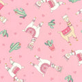 Cute quirky llamas heart shaped glasses cacti hearts pink pretty pink background fabric for girls quilts tween bedroom projects and novelty patchwork sewing