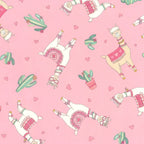 Cute quirky llamas heart shaped glasses cacti hearts pink pretty pink background fabric for girls quilts tween bedroom projects and novelty patchwork sewing