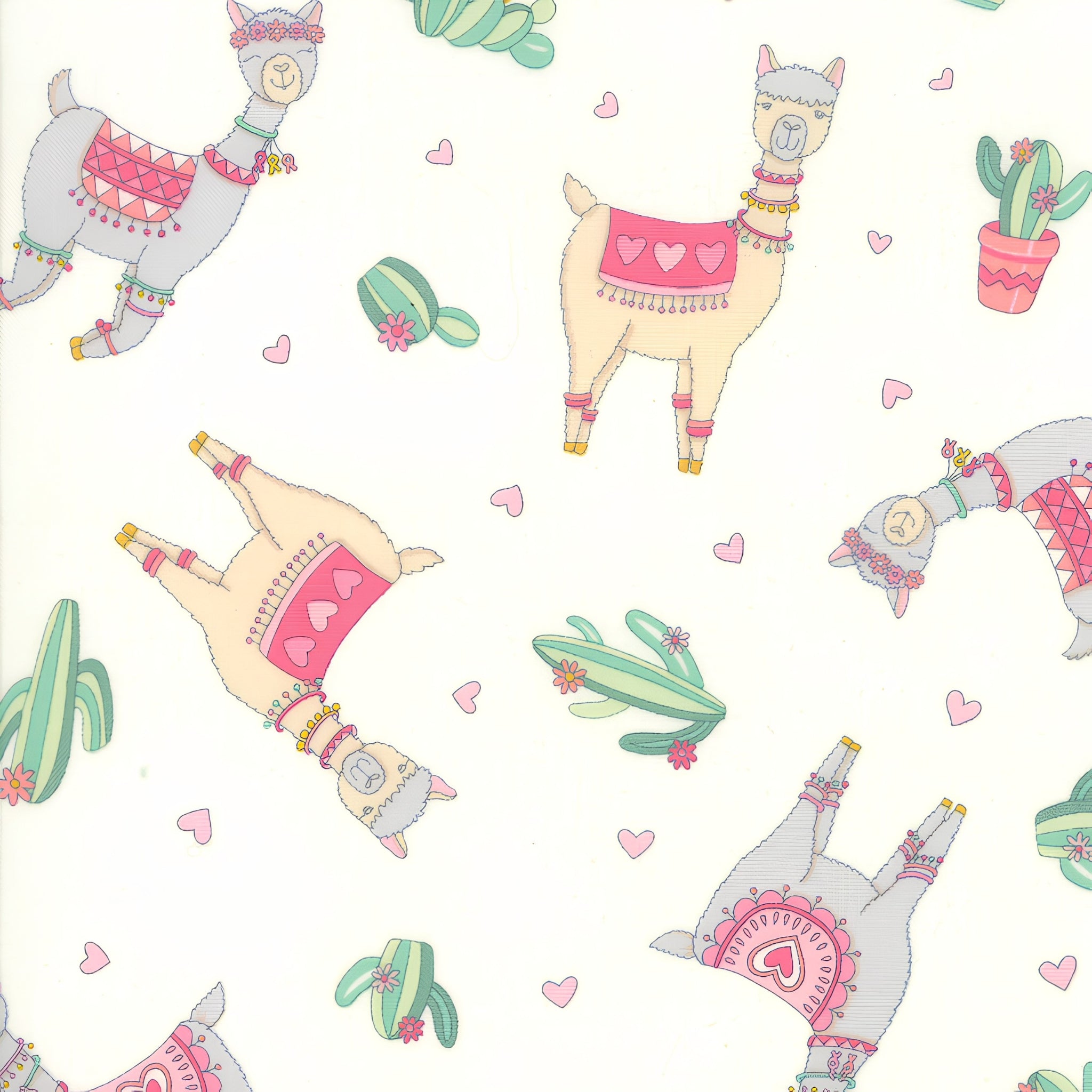 Cute quirky llamas heart shaped glasses cacti hearts pink white background fabric for girls quilts tween bedroom projects and novelty patchwork sewing