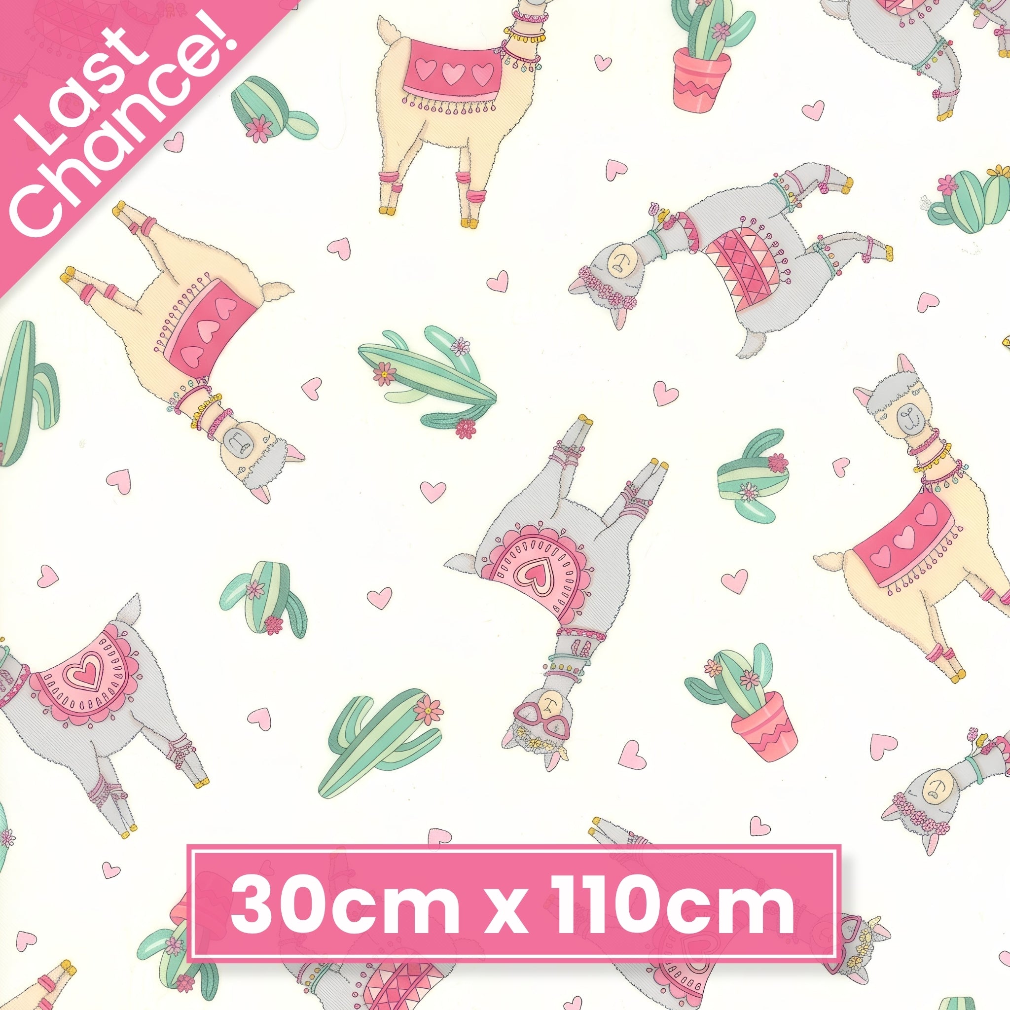 Cute quirky llamas heart shaped glasses cacti hearts pink white background fabric for girls quilts tween bedroom projects and novelty patchwork sewing