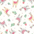 Cute quirky llamas heart shaped glasses cacti hearts pink white background fabric for girls quilts tween bedroom projects and novelty patchwork sewing