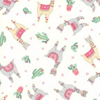Cute quirky llamas heart shaped glasses cacti hearts pink white background fabric for girls quilts tween bedroom projects and novelty patchwork sewing