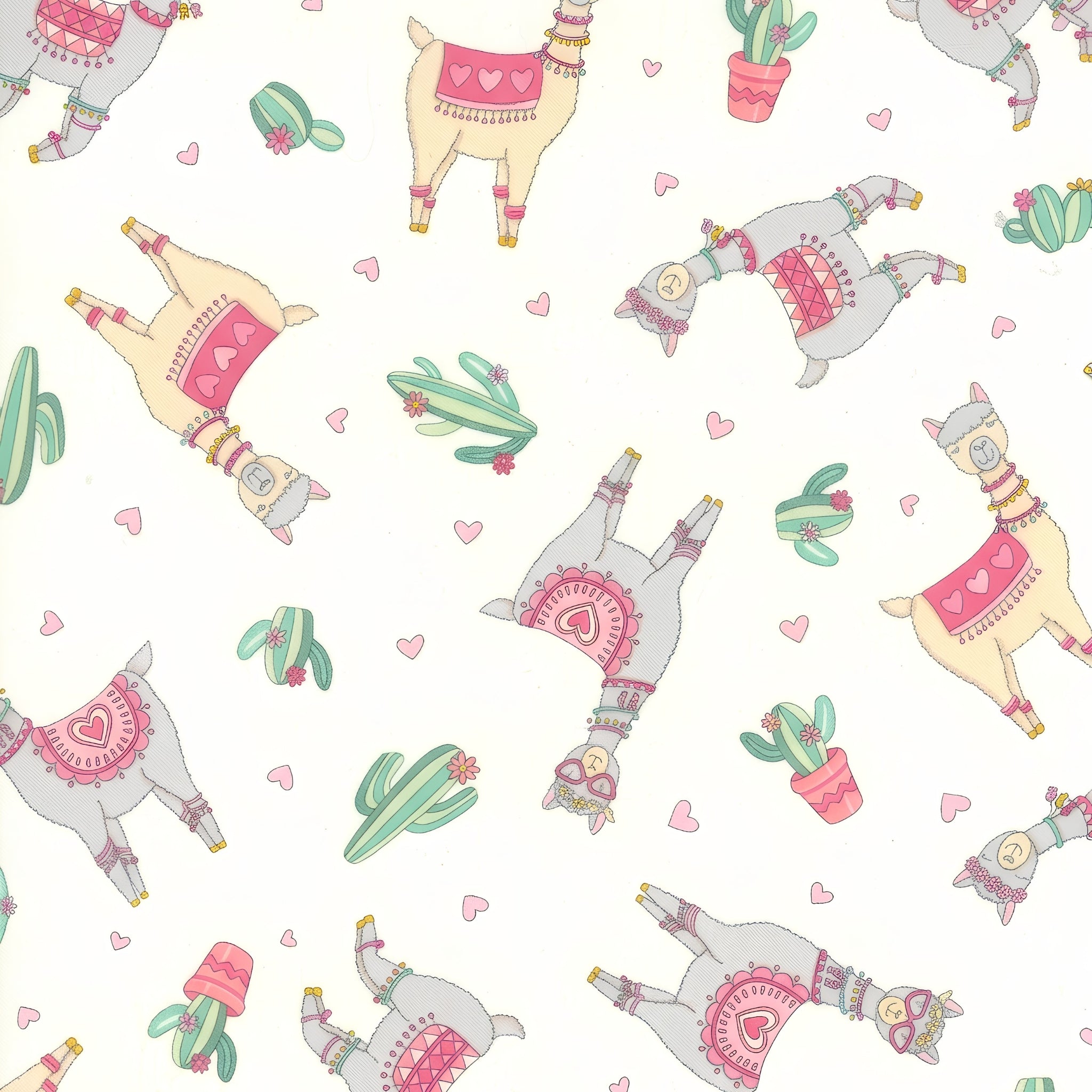 Cute quirky llamas heart shaped glasses cacti hearts pink white background fabric for girls quilts tween bedroom projects and novelty patchwork sewing