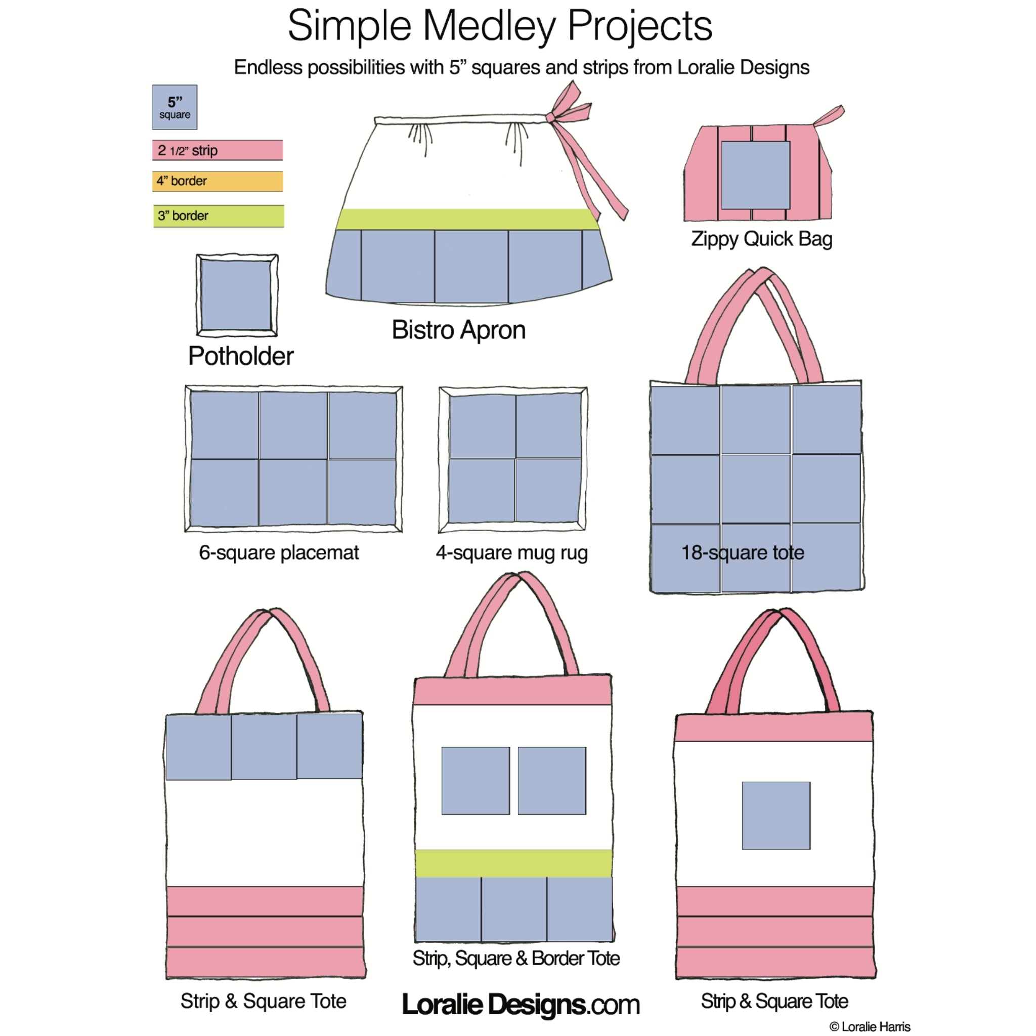 Loralie Designs Simple Medley Projects ideas chart showing potholder bistro apron zippy bag placemat mug rug and tote bag projects using 5 inch squares and strips