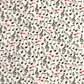 Tossed music notes treble clefs red pink hearts cream white novelty music fabric for music lovers quilts Valentine's gifts and patchwork sewing