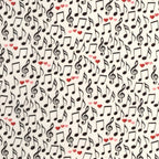 Tossed music notes treble clefs red pink hearts cream white novelty music fabric for music lovers quilts Valentine's gifts and patchwork sewing
