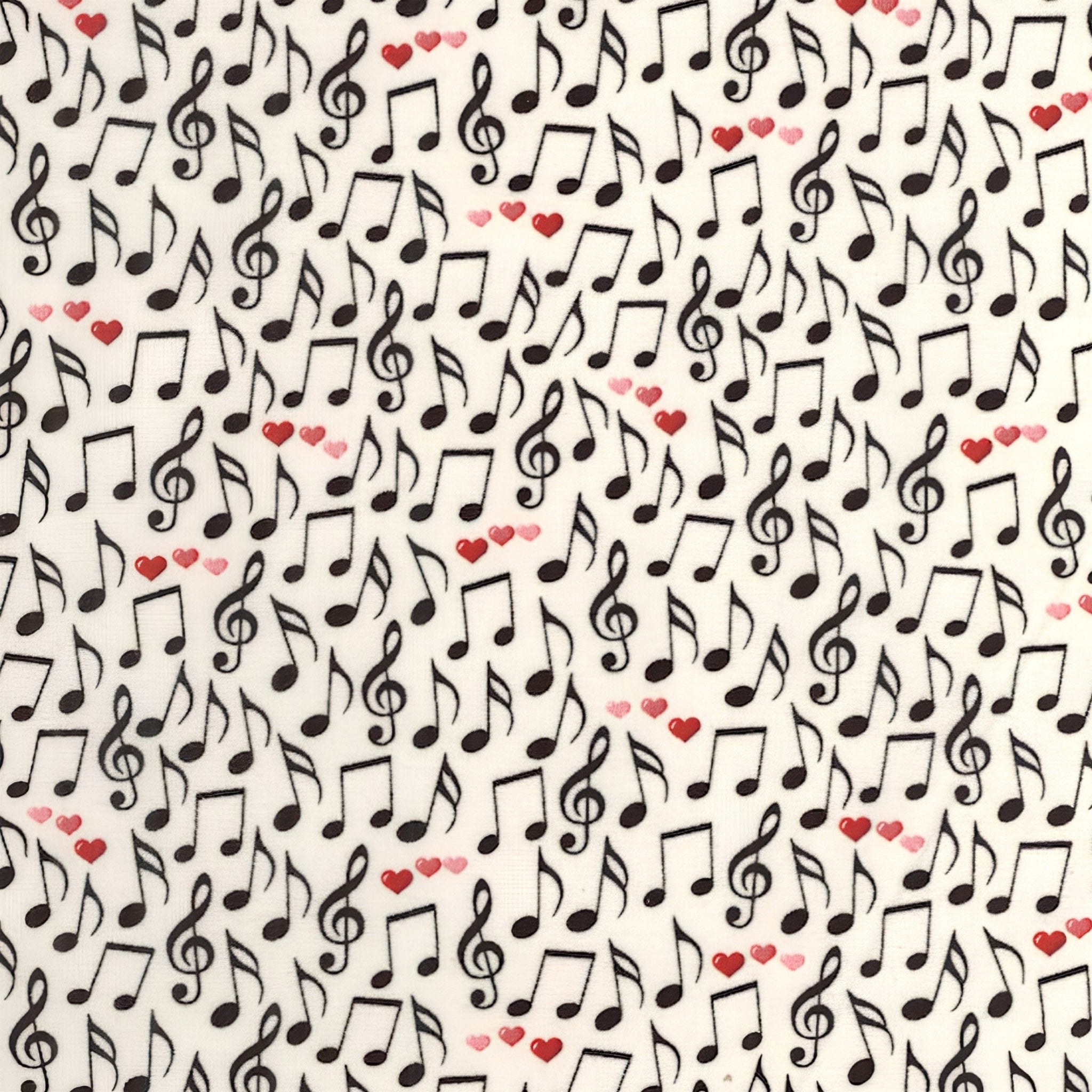 Tossed music notes treble clefs red pink hearts cream white novelty music fabric for music lovers quilts Valentine's gifts and patchwork sewing