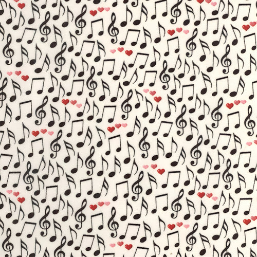 Tossed music notes treble clefs red pink hearts cream white novelty music fabric for music lovers quilts Valentine's gifts and patchwork sewing