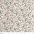 Tossed music notes treble clefs red pink hearts cream white novelty music fabric for music lovers quilts Valentine's gifts and patchwork sewing