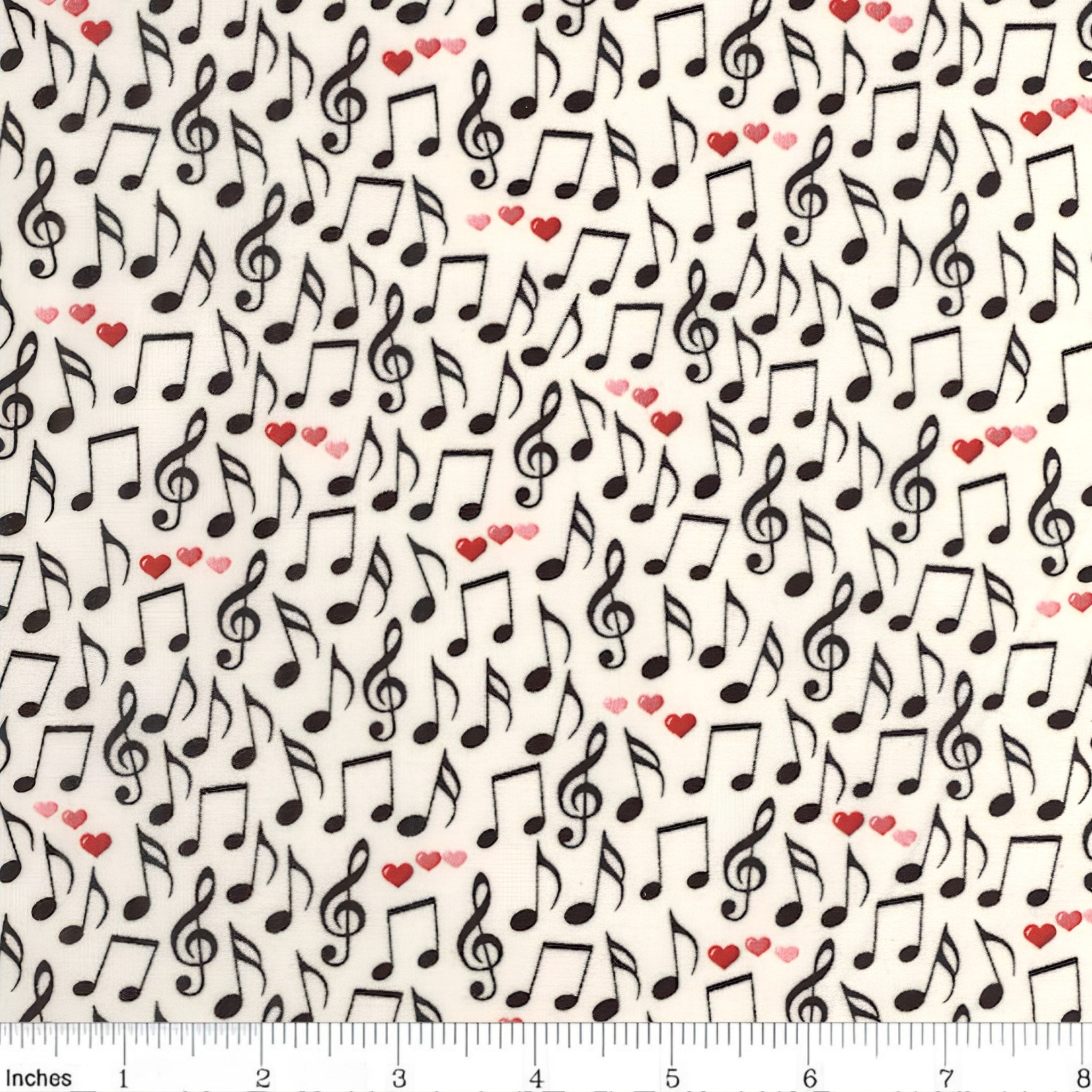 Tossed music notes treble clefs red pink hearts cream white novelty music fabric for music lovers quilts Valentine's gifts and patchwork sewing