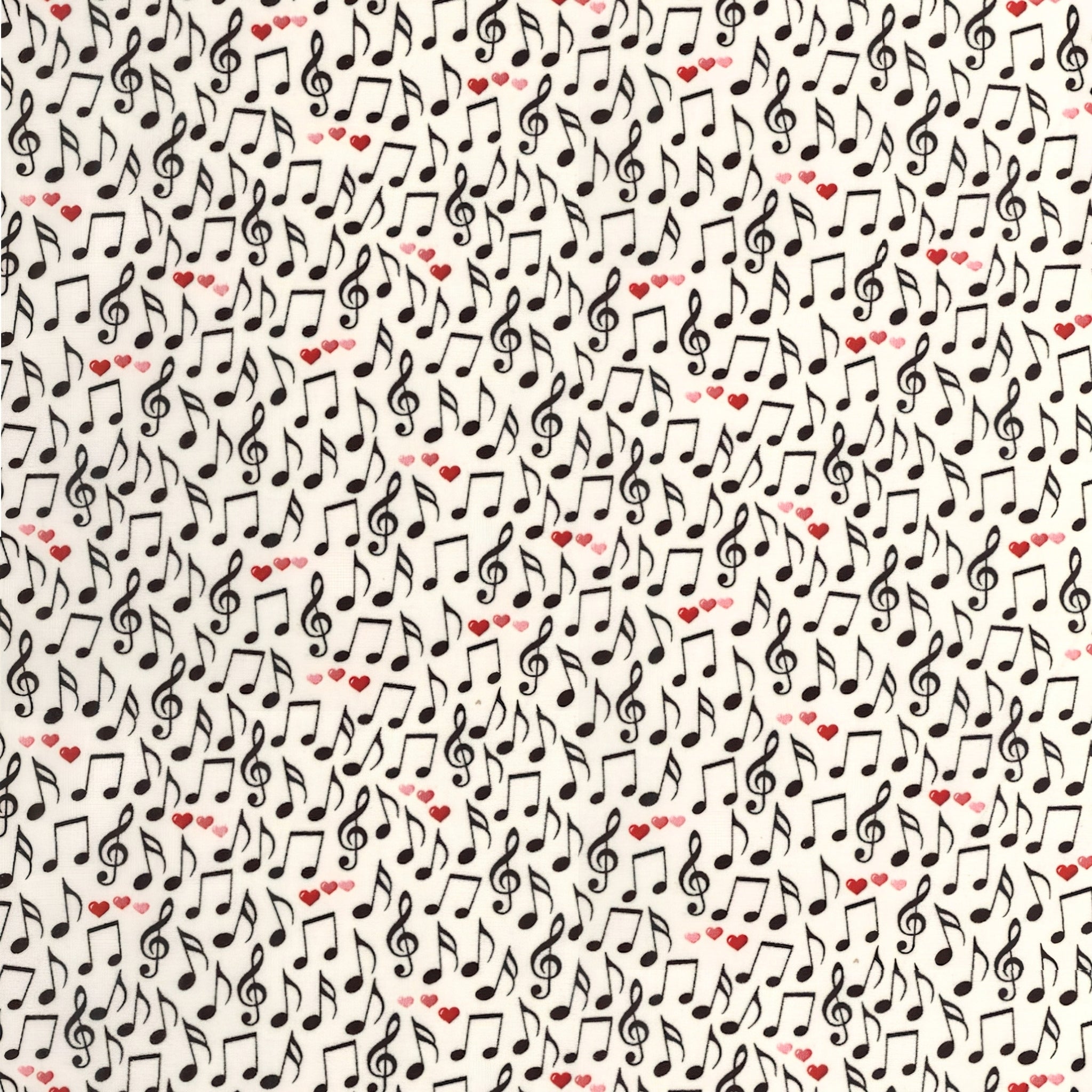 Tossed music notes treble clefs red pink hearts cream white novelty music fabric for music lovers quilts Valentine's gifts and patchwork sewing