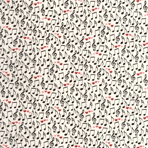 Tossed music notes treble clefs red pink hearts cream white novelty music fabric for music lovers quilts Valentine's gifts and patchwork sewing