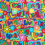 Retro groovy graffiti love multi rainbow colours fabric for 60s 70s themed quilts tote bags patchwork sewing projects
