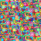 Retro groovy graffiti love multi rainbow colours fabric for 60s 70s themed quilts tote bags patchwork sewing projects