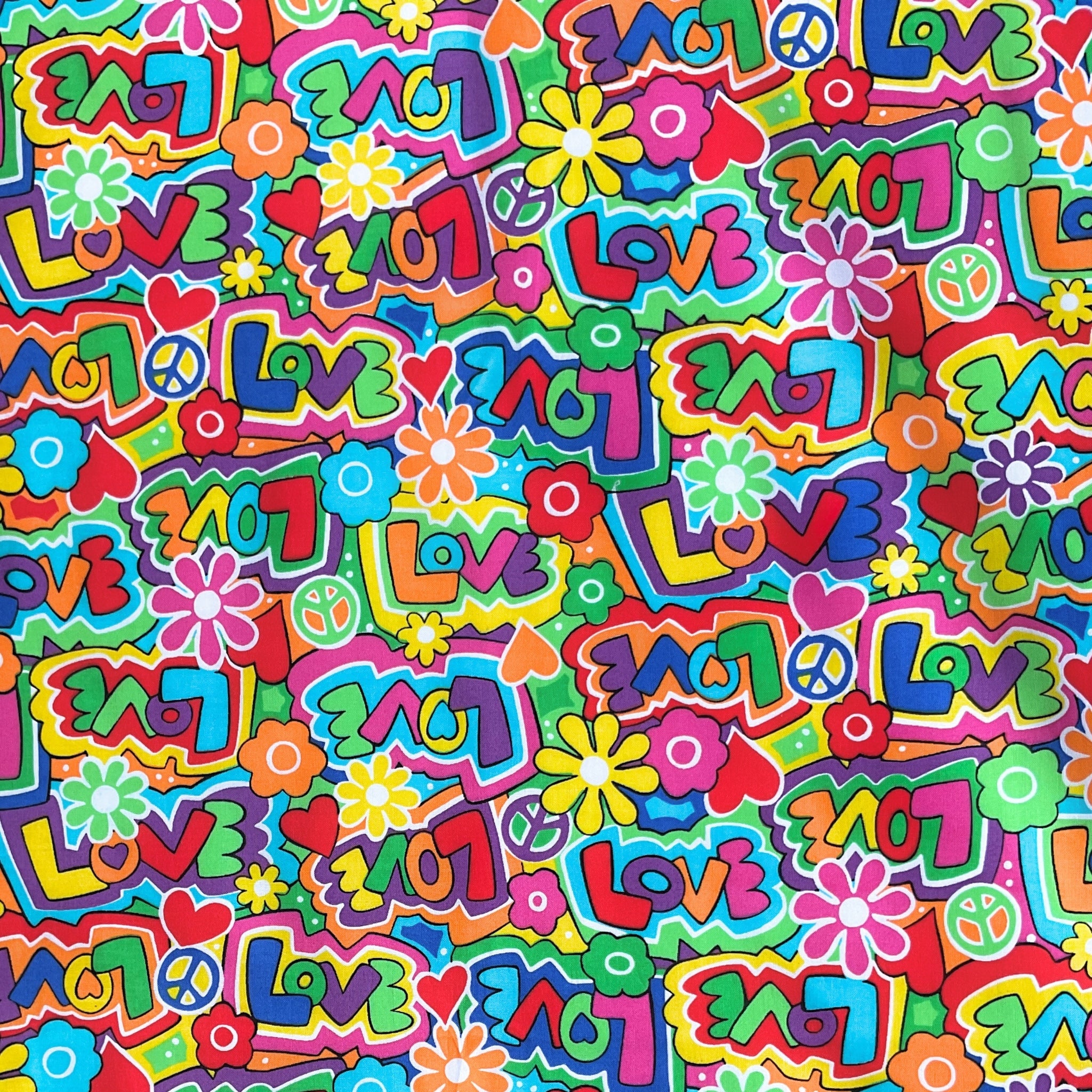 Retro groovy graffiti love multi rainbow colours fabric for 60s 70s themed quilts tote bags patchwork sewing projects