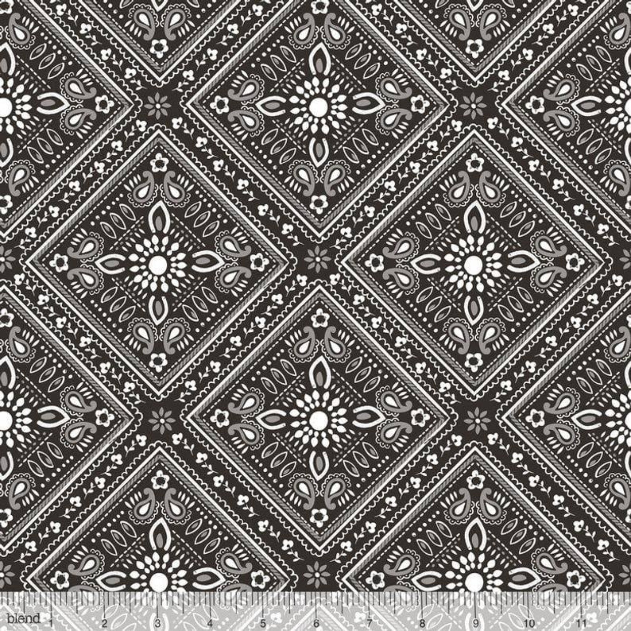 Versatile bandana paisley bold black fabric for horse-themed quilts bags and riding accessories
