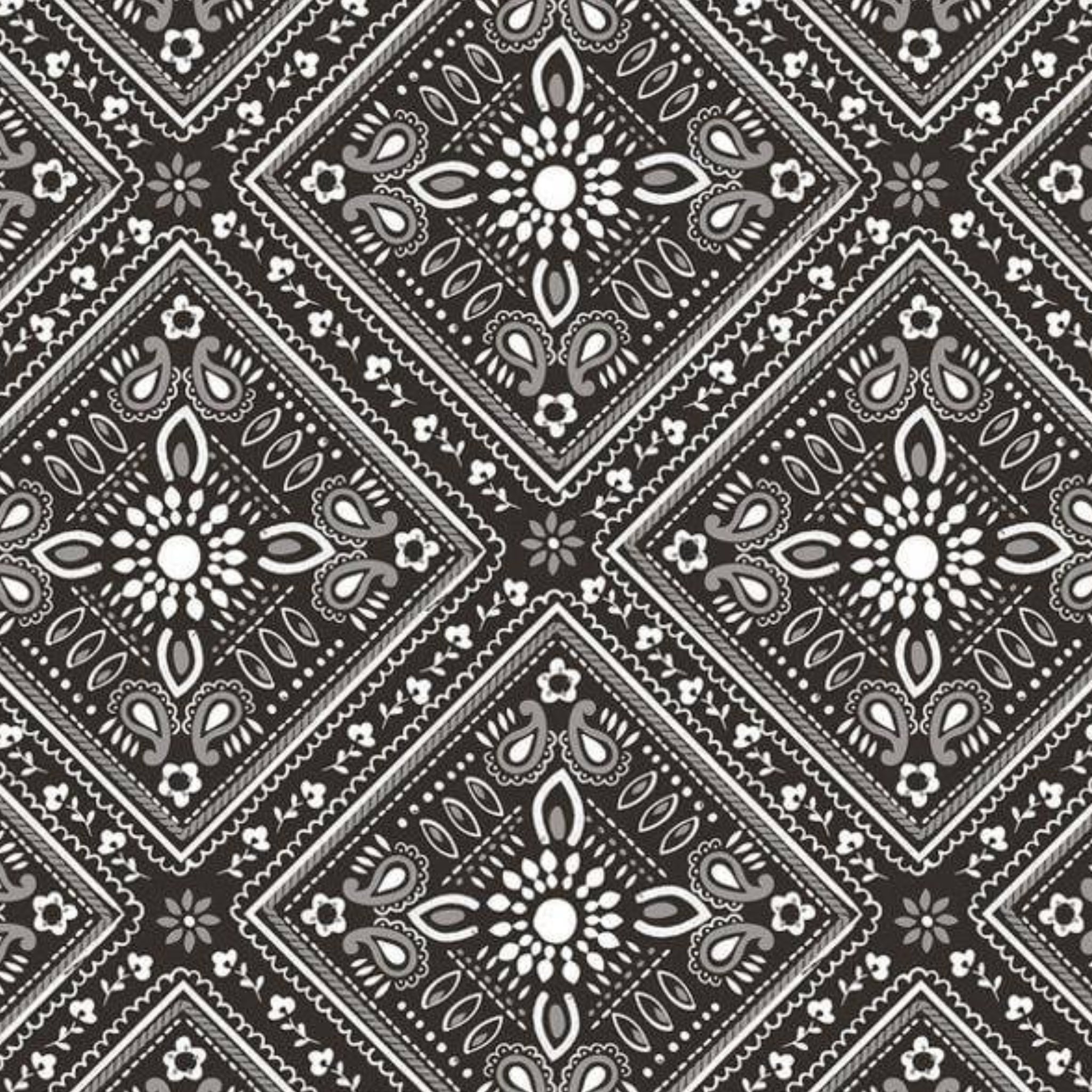 Classic bandana paisley bold black fabric for horse-themed quilts bags and riding accessories