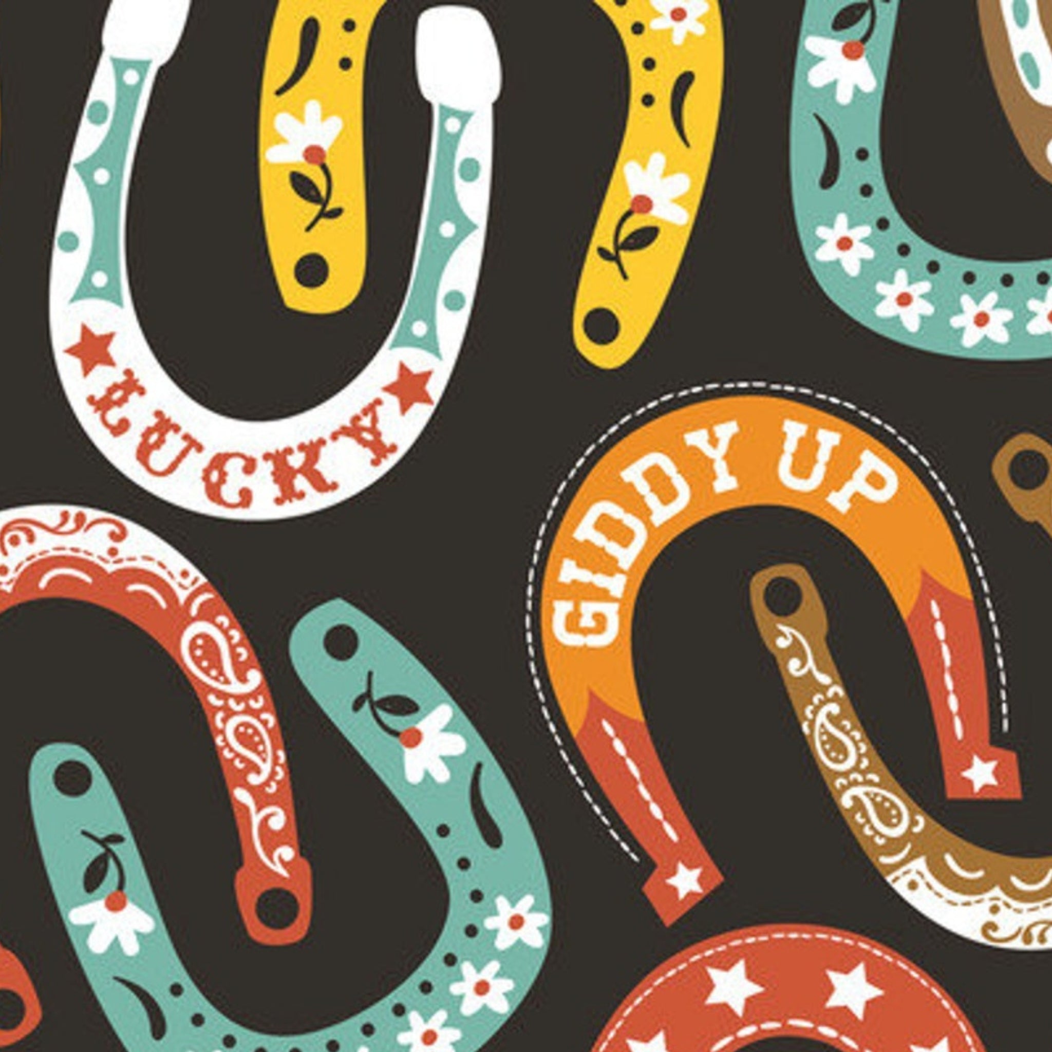 Lucky horseshoes paisley stars flowers colourful black fabric for Western horse-themed quilts bags and riding accessories