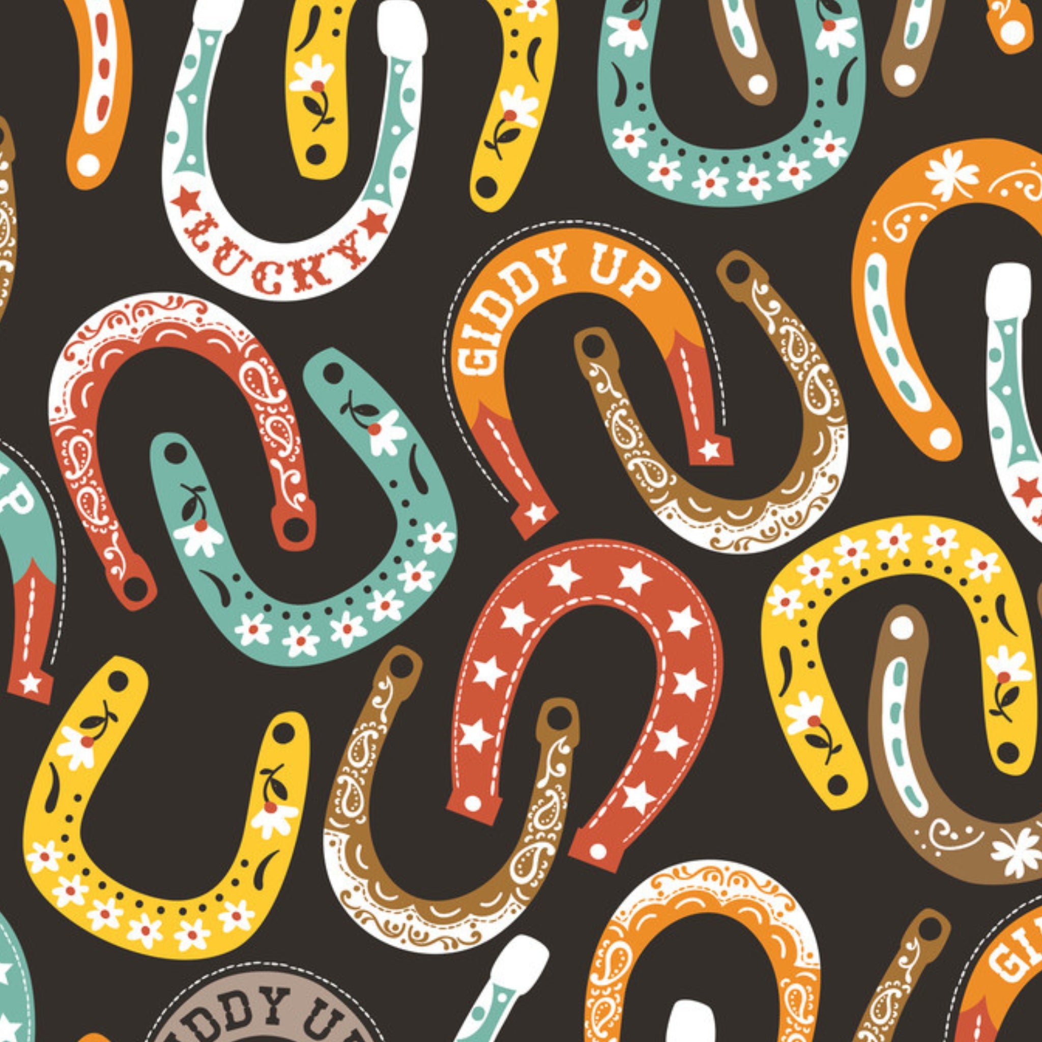 Lucky horseshoes paisley stars flowers colourful black fabric for Western horse-themed quilts bags and riding accessories