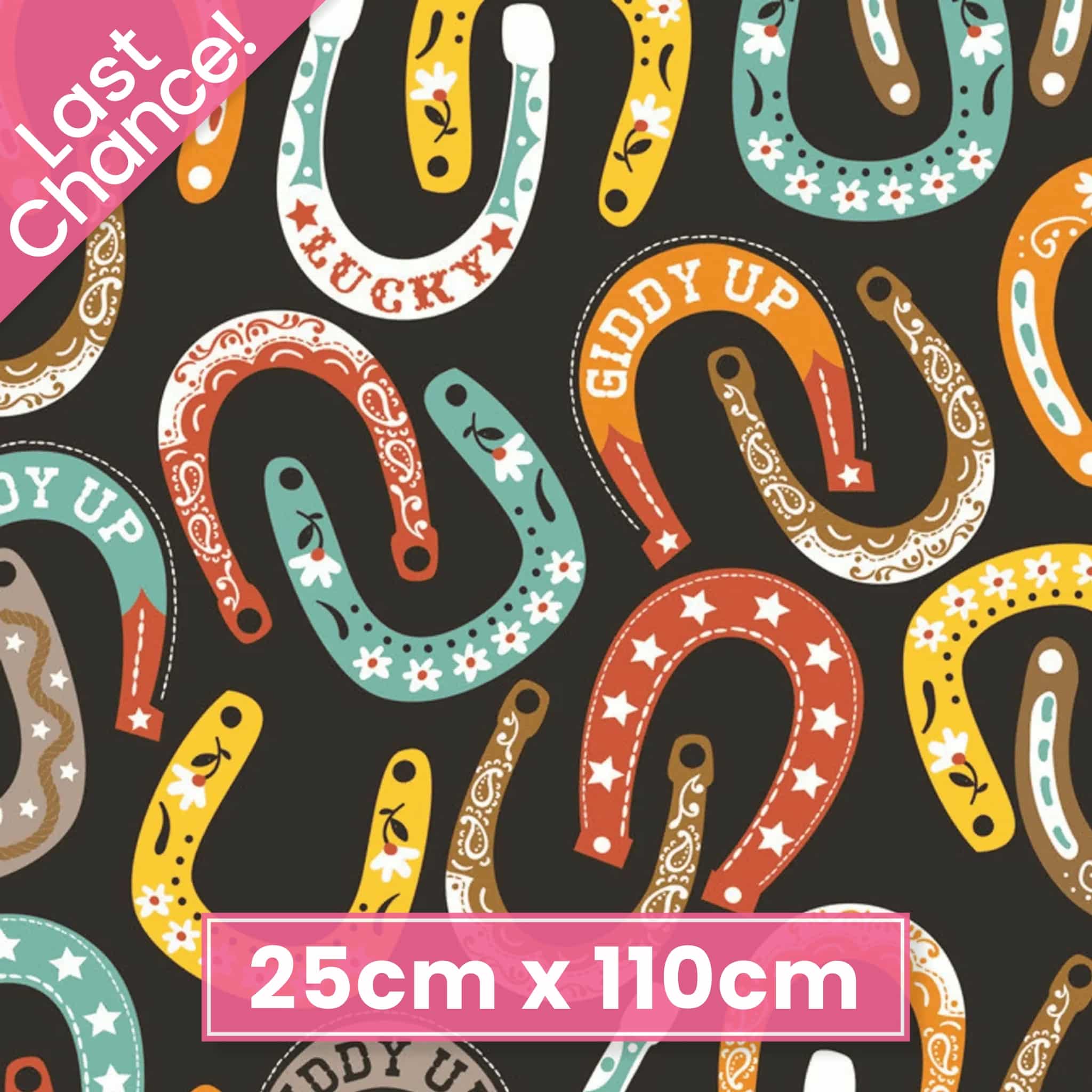 Colourful horseshoes scattered on black background quilting cotton fabric with 24 inch repeating pattern