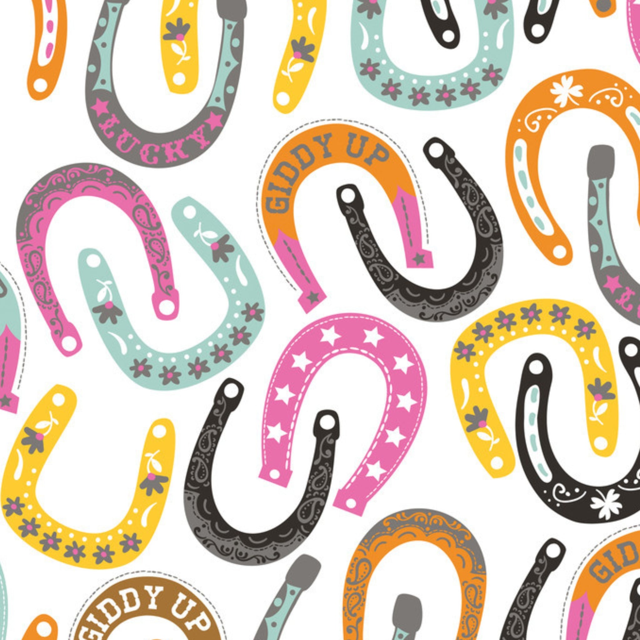 Lucky horseshoes paisley stars flowers colourful white fabric for Western horse-themed quilts bags and riding accessories