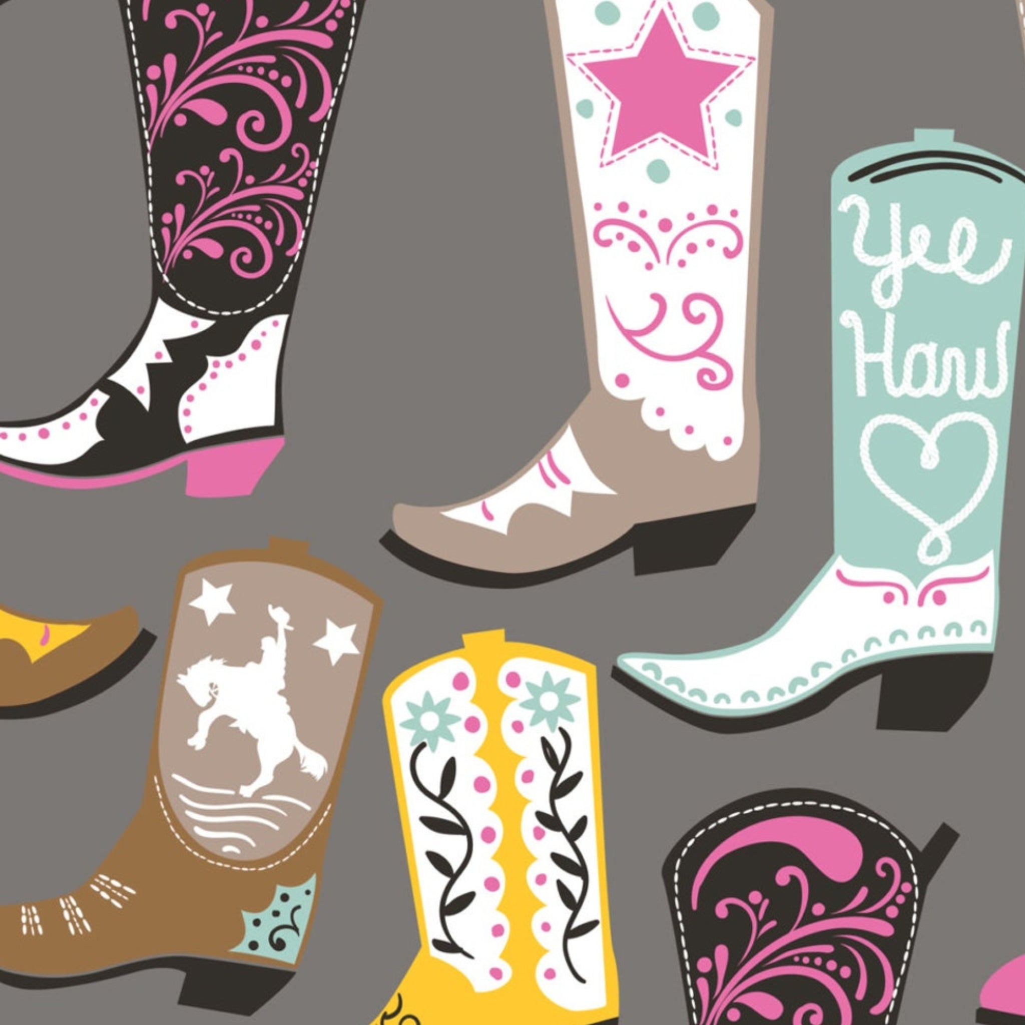 Colourful cowgirl boots grey fabric for Western horse-themed quilts wall hangings bags and accessories