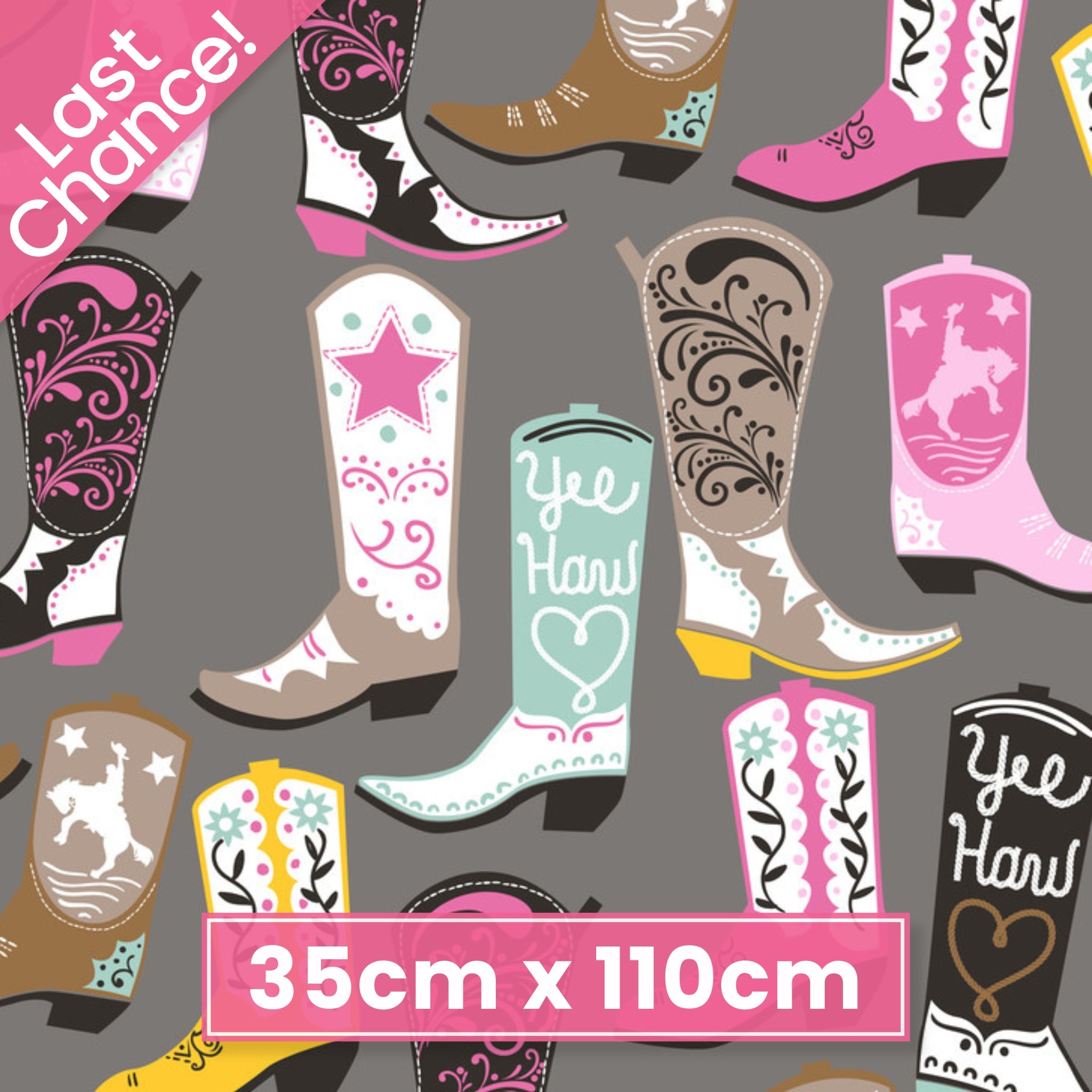 Colourful cowboy boots grey fabric for Western horse-themed quilts wall hangings bags and accessories