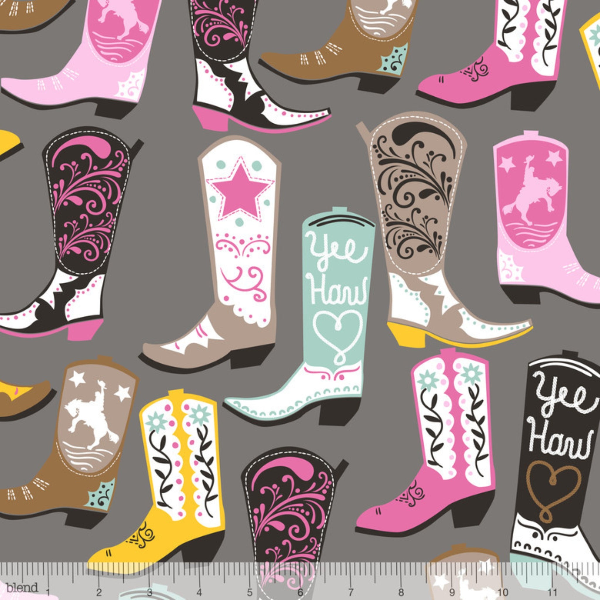 Colourful cowboy boots grey fabric for Western horse-themed quilts wall hangings bags and accessories