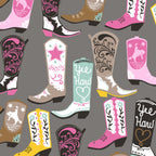 Colourful cowboy boots grey fabric for Western horse-themed quilts wall hangings bags and accessories