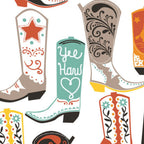 Colourful cowboy boots white fabric for Western horse-themed quilts wall hangings aprons and tote bags