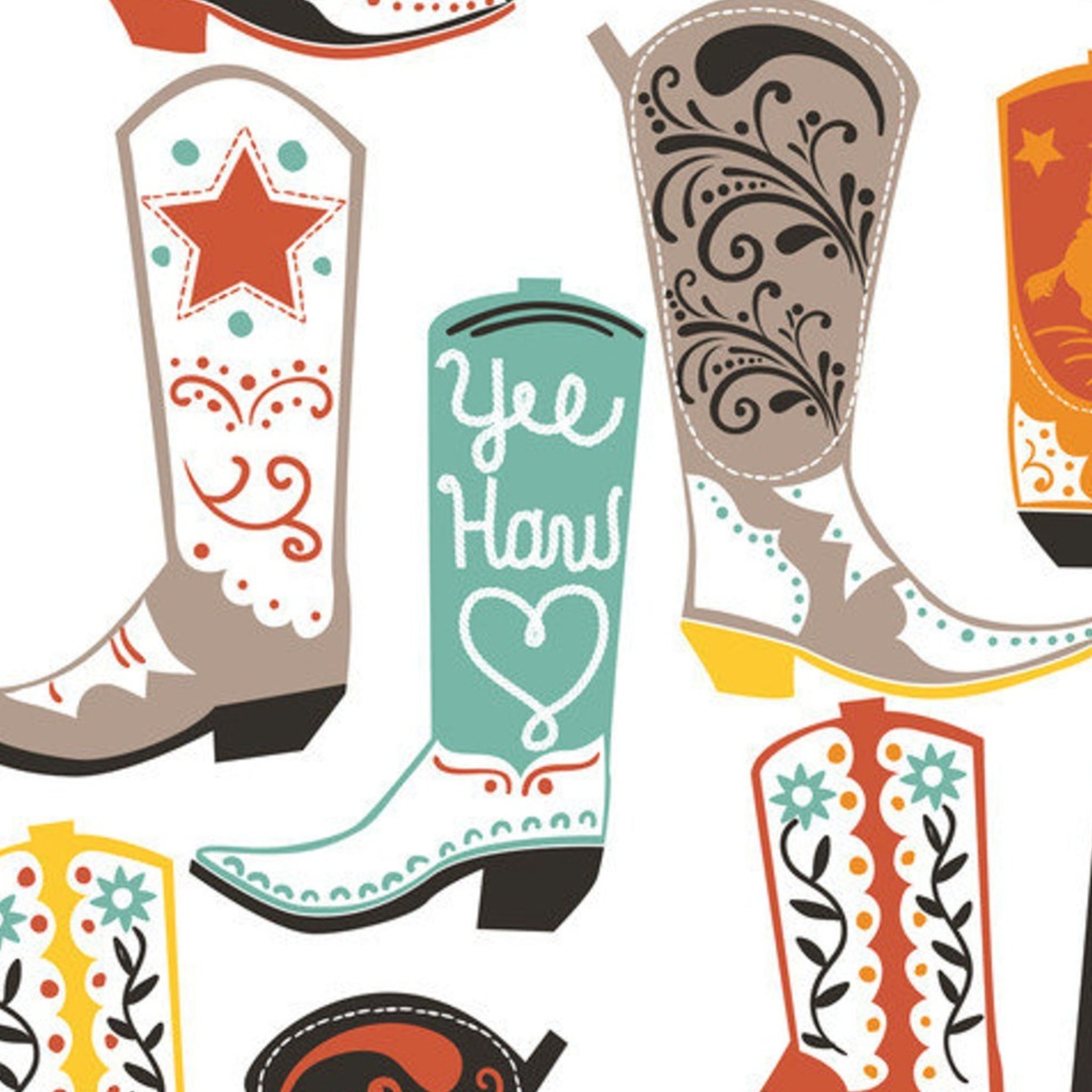 Colourful cowboy boots white fabric for Western horse-themed quilts wall hangings aprons and tote bags