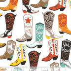 Colourful cowgirl boots white fabric for Western horse-themed quilts wall hangings aprons and tote bags