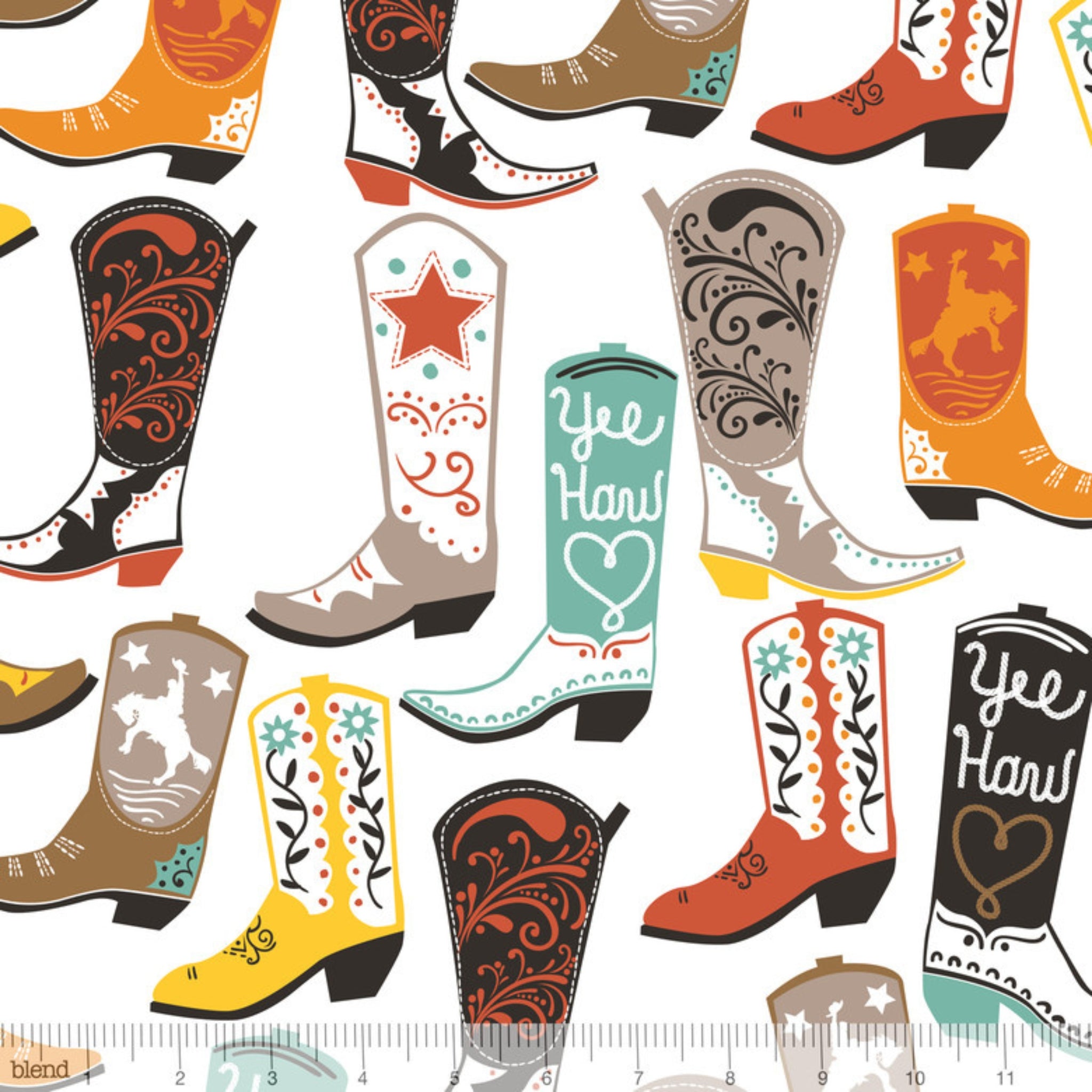 Colourful cowgirl boots white fabric for Western horse-themed quilts wall hangings aprons and tote bags