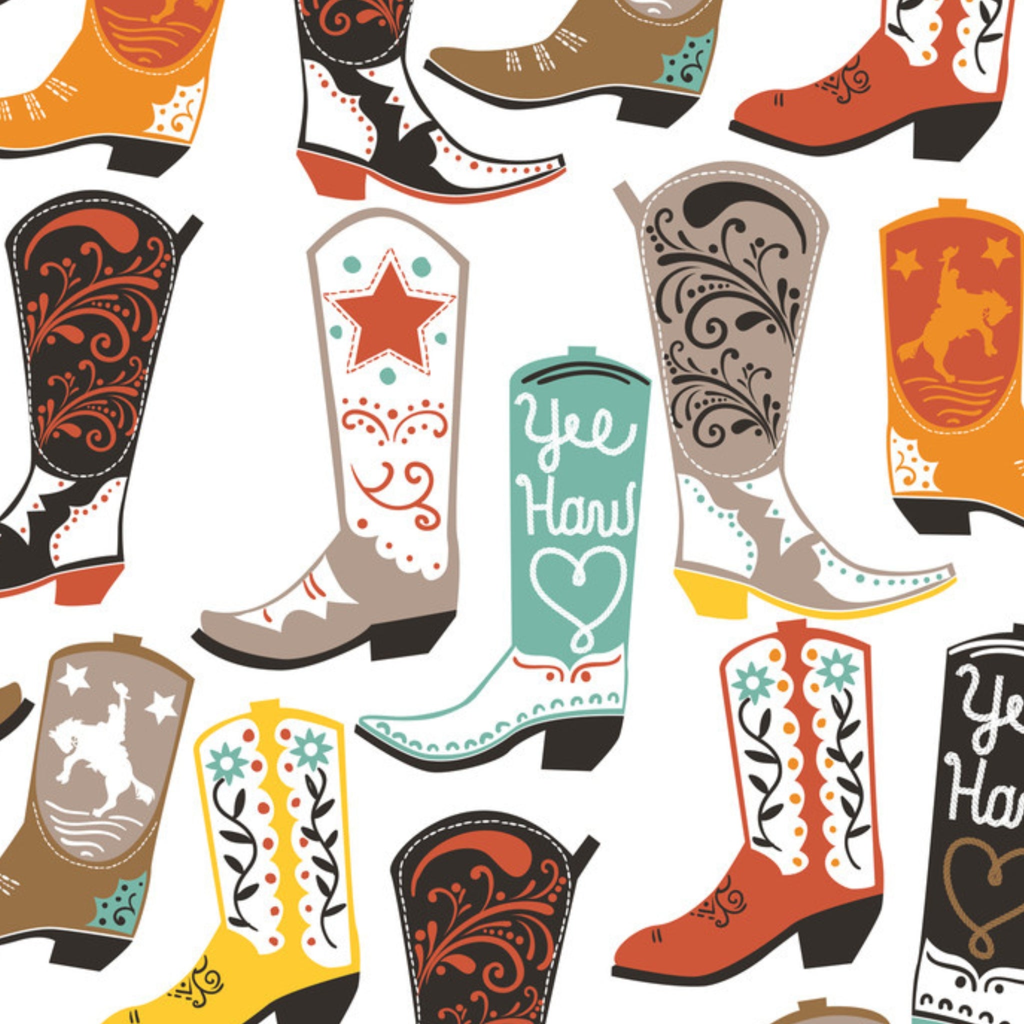 Colourful cowboy boots white fabric for Western horse-themed quilts wall hangings aprons and tote bags