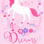 Pink unicorn floral wreath hearts silver glitter stars Never Let Go of Your Dreams quote panel fabric for girls quilts wall hangings and nursery decor