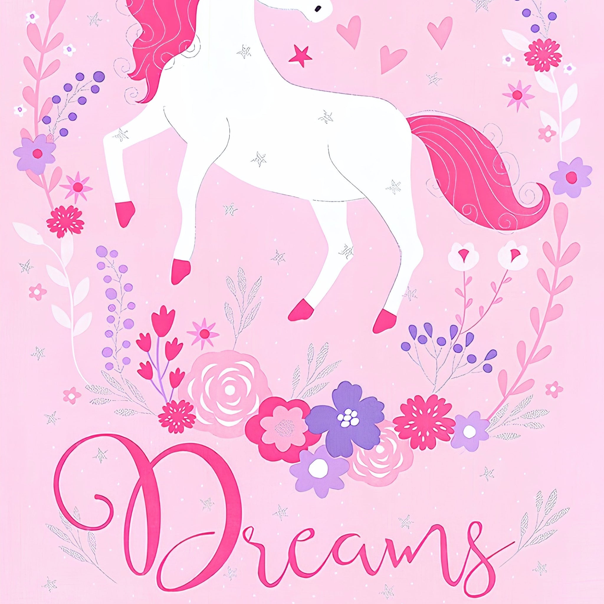 Pink unicorn floral wreath hearts silver glitter stars Never Let Go of Your Dreams quote panel fabric for girls quilts wall hangings and nursery decor