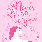 Pink unicorn floral wreath hearts silver glitter stars Never Let Go of Your Dreams quote panel fabric for girls quilts wall hangings and nursery decor