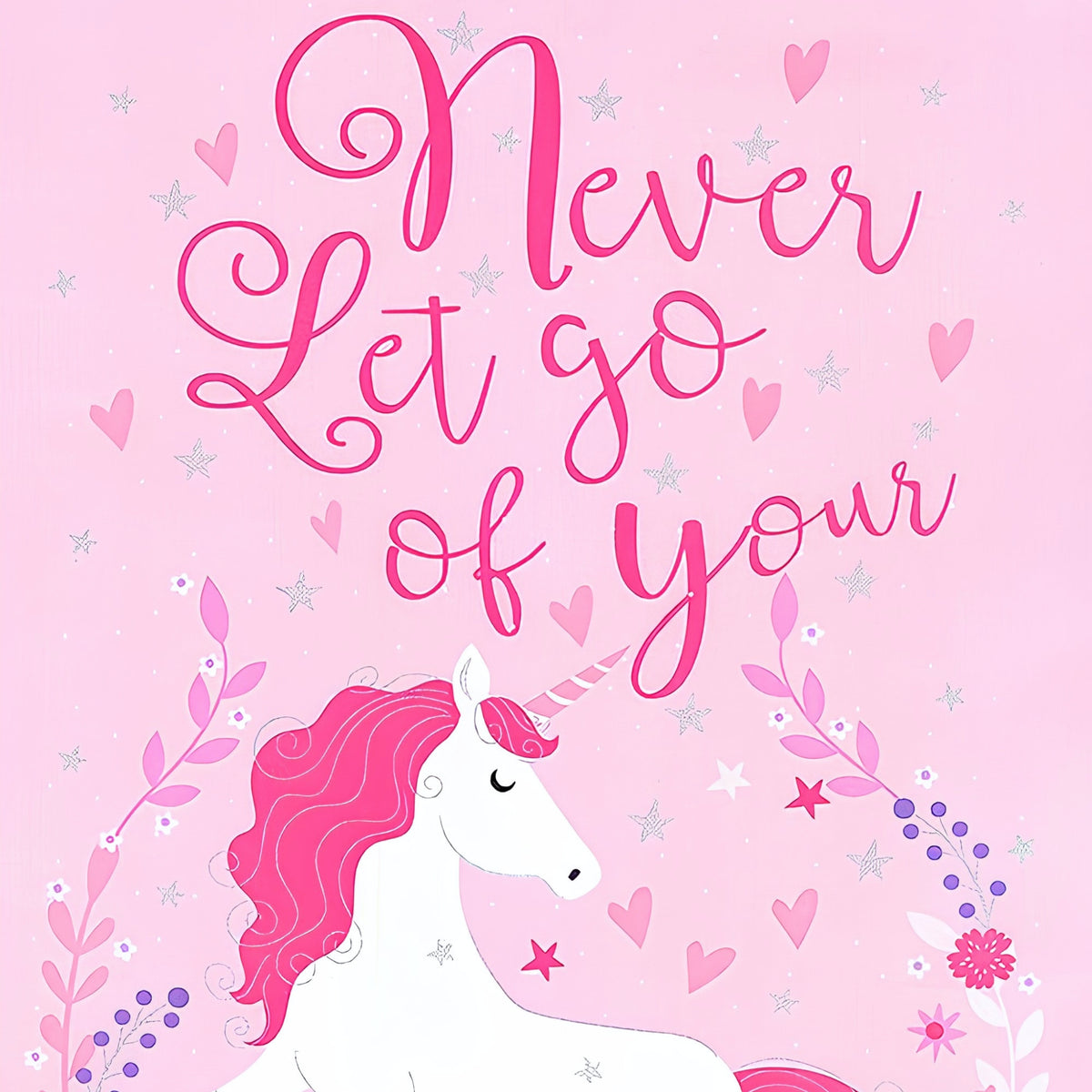 Pink unicorn floral wreath hearts silver glitter stars Never Let Go of Your Dreams quote panel fabric for girls quilts wall hangings and nursery decor