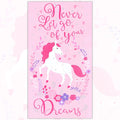 Pink unicorn floral wreath hearts silver glitter stars Never Let Go of Your Dreams quote panel fabric for girls quilts wall hangings and nursery decor