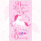 Pink unicorn floral wreath hearts silver glitter stars Never Let Go of Your Dreams quote panel fabric for girls quilts wall hangings and nursery decor