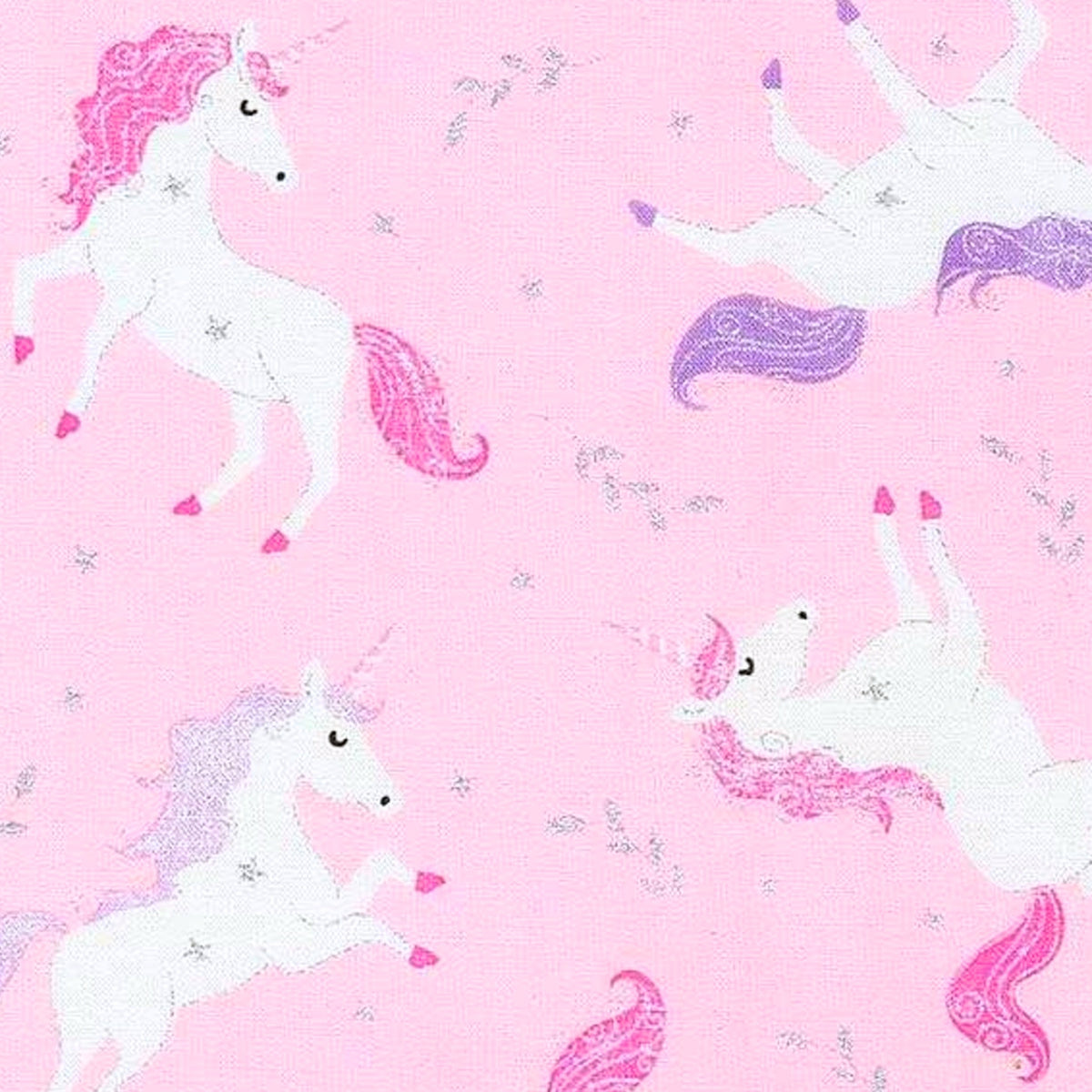 White unicorn pink purple mane silver glitter stars bright pink fabric for girls quilts dresses scrunchies and kids sewing projects