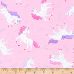 White unicorn pink purple mane silver glitter stars bright pink fabric for girls quilts dresses scrunchies and kids sewing projects
