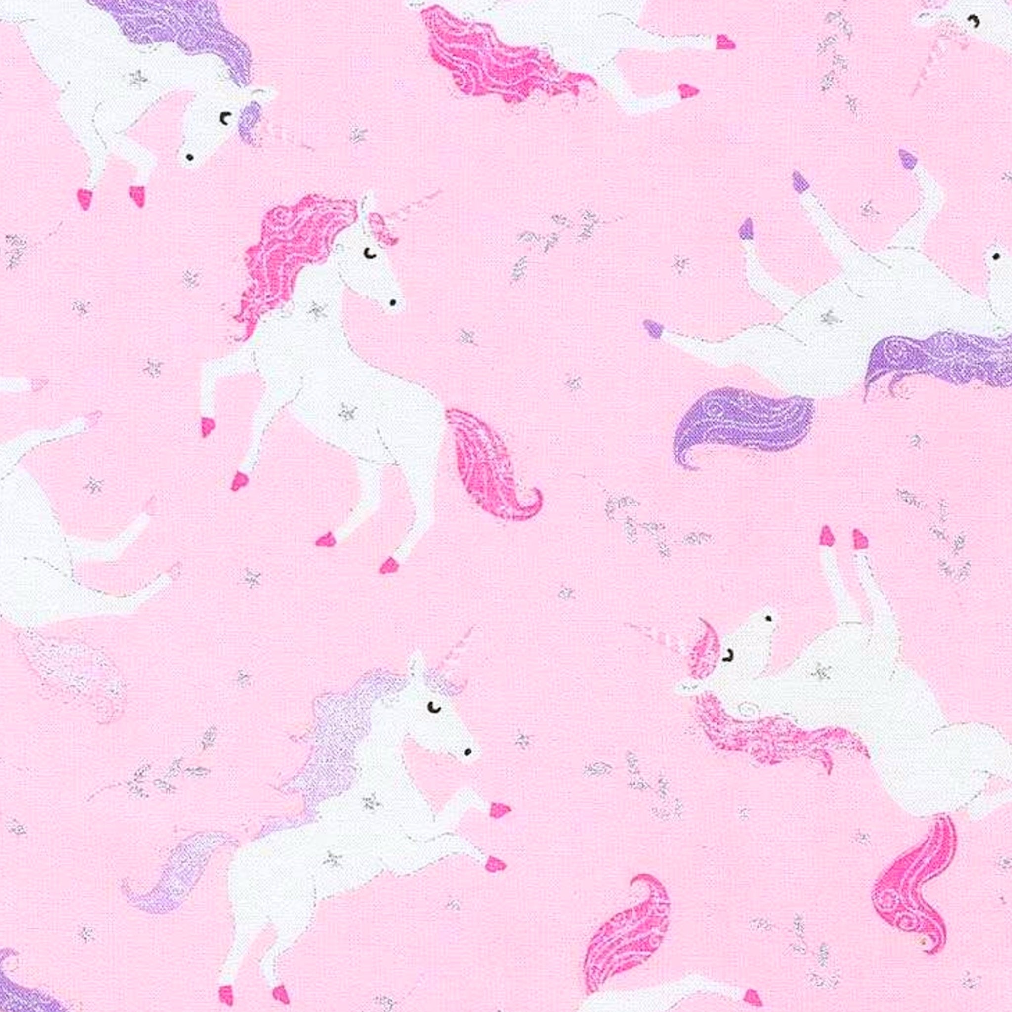 White unicorn pink purple mane silver glitter stars bright pink fabric for girls quilts dresses scrunchies and kids sewing projects