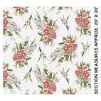 White fabric with tossed bouquets of pink, red, and white flowers, including calla lilies