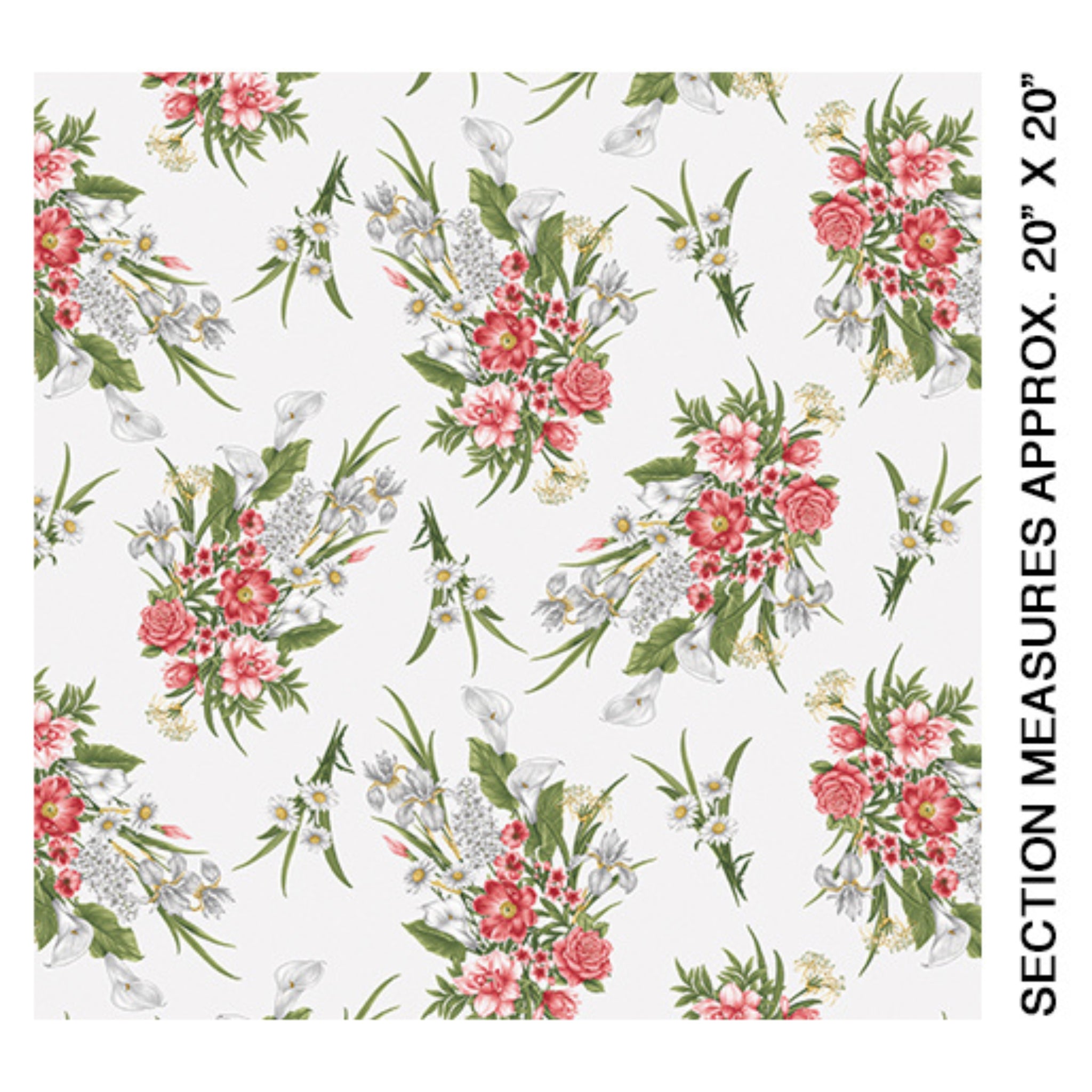 White fabric with tossed bouquets of pink, red, and white flowers, including calla lilies