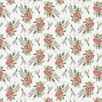 White fabric with tossed bouquets of pink, red, and white flowers, including calla lilies