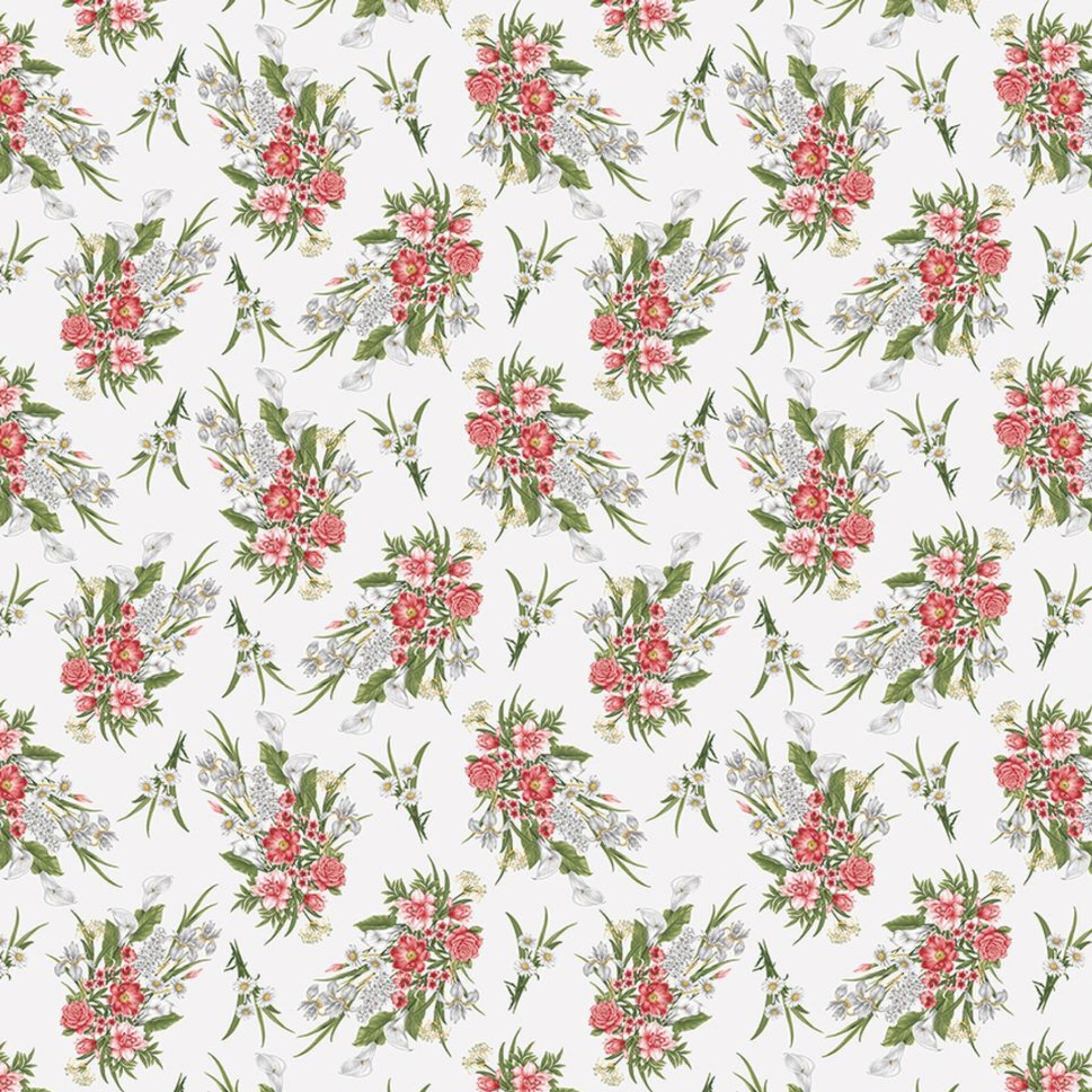 White fabric with tossed bouquets of pink, red, and white flowers, including calla lilies