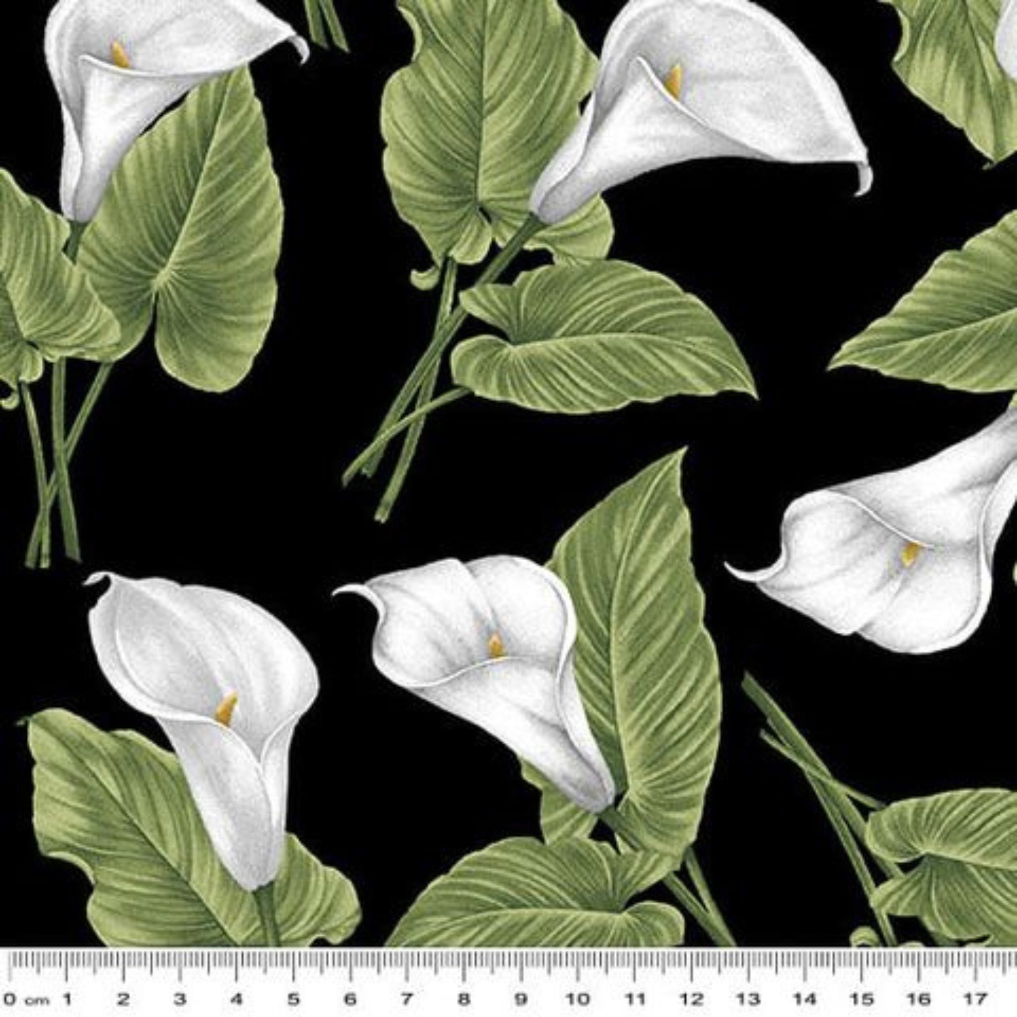 Black fabric with large, realistic white calla lilies and green leaves tossed throughout