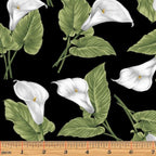 Black fabric with large, realistic white calla lilies and green leaves tossed throughout