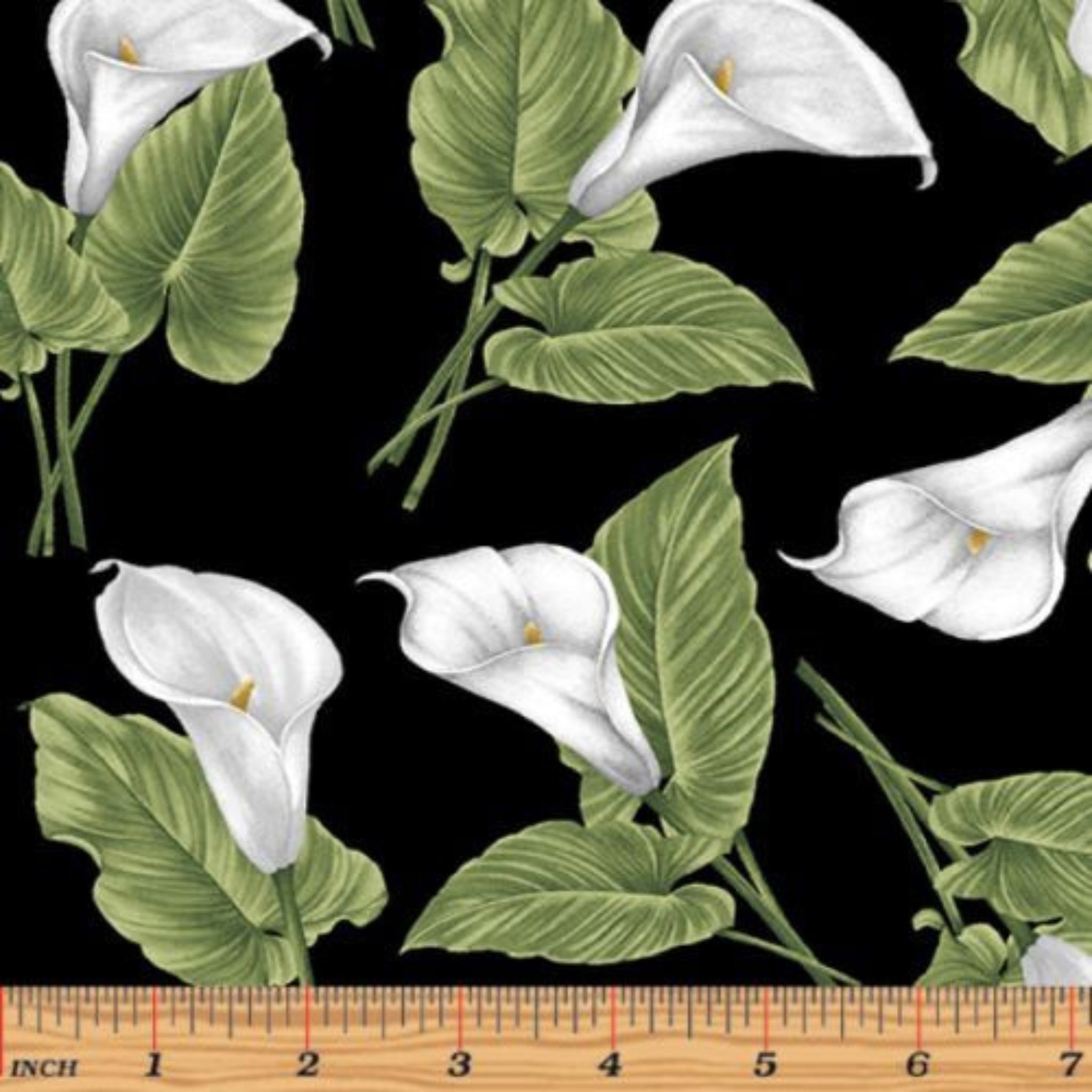 Black fabric with large, realistic white calla lilies and green leaves tossed throughout